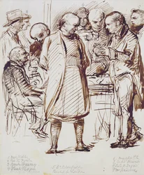 Eine Gruppe von Kirchenmännern und Politikern, darunter John Keble (1792-1866) und William Gladstone (1809-98), im Gespräch mit dem Bischof von London im Fulham Palace